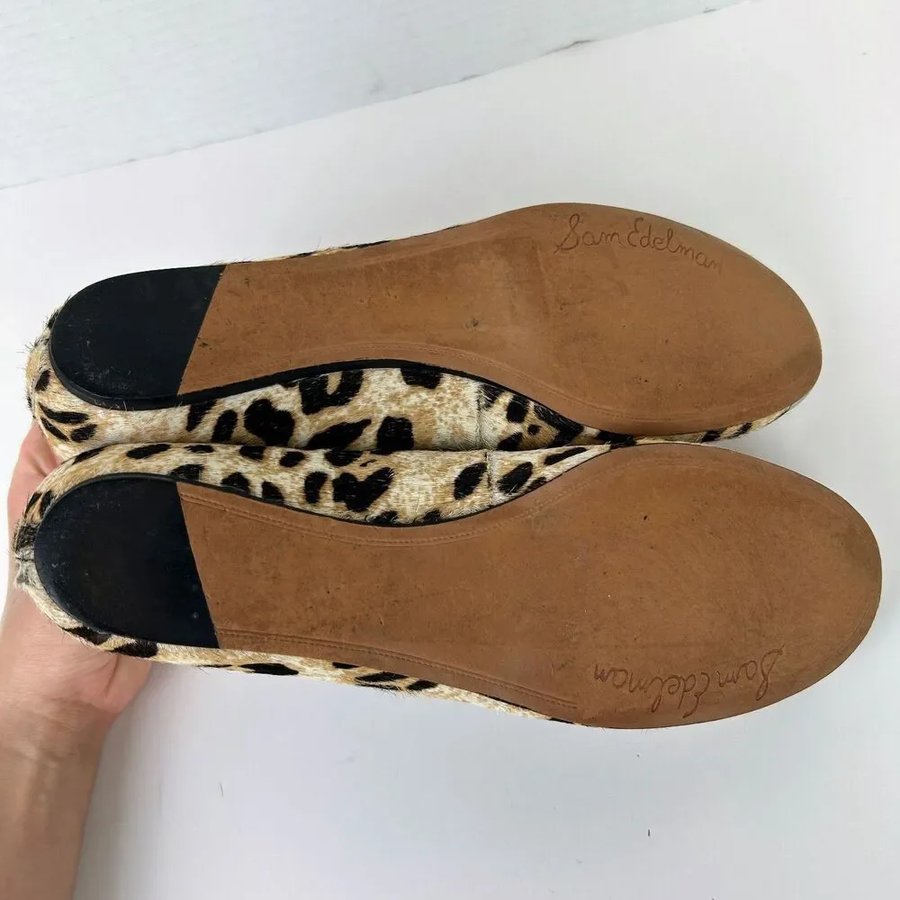 Sam Edelman Jordie Leopard Ballet Flats Calf Hair Leather Silver Cap Toe Shoes 8